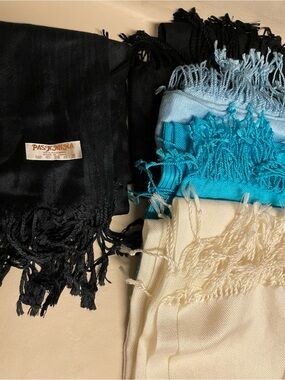 Pashminas, Set Of 5, Cream, Lt Blue, Turquoise & Black (2)